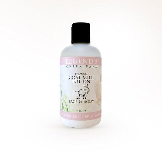Legend's Creek Farm Goat Milk Lotion - Moisturizing Goat Milk Body Lotion for Body, Hand & Face - 9 oz Body Moisturizer with Shea Butter, Sunflower Oil, Aloe (Chamomile Cherry Blossom)