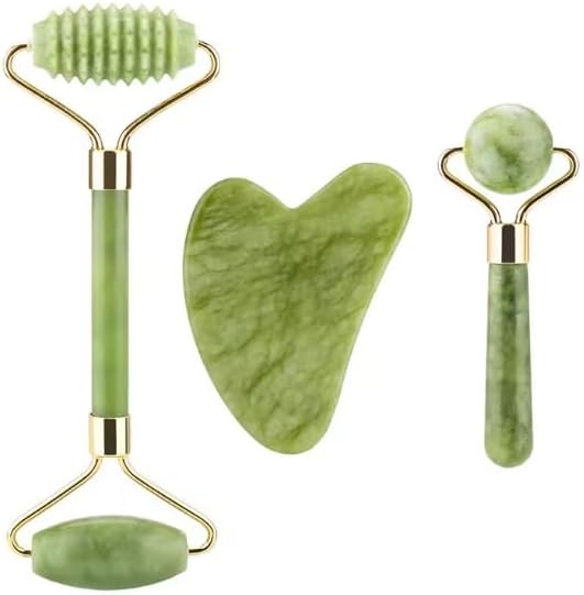 Three-Piece Facial Skincare Products - Unique Double-Sided & Textured Jade Roller, Precision Globular Roller, & Gua Sha Scraper - Reduce Puffiness - Face Roller and Gua Sha Set, Green