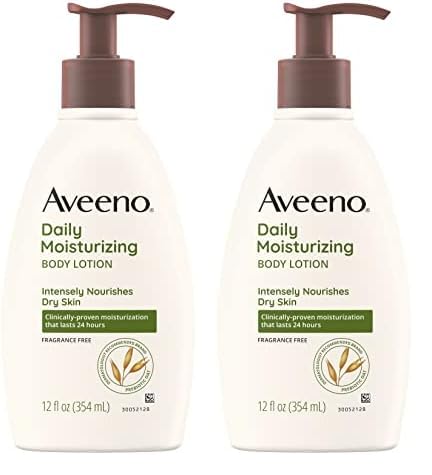 Aveeno Daily Moisturizing Body Lotion with Soothing Prebiotic Oat, Gentle Lotion Nourishes Dry Skin With Moisture, Paraben-, Dye- & Fragrance-Free, Non-Greasy & Non-Comedogenic, 12 fl. Oz (Pack of 2)