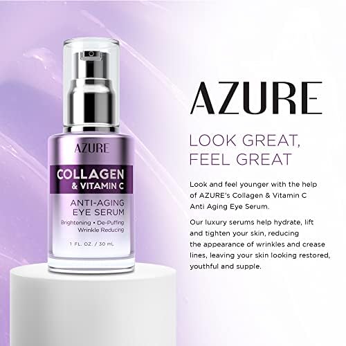 AZURE Collagen & Vitamin C Anti Aging Eye Serum - Toning, De-Puffing Serum - Reduces Wrinkles, Fine Lines & Dark Circles - Minimizes Fatigue - Skin Care Made in Korea - Pack of 2