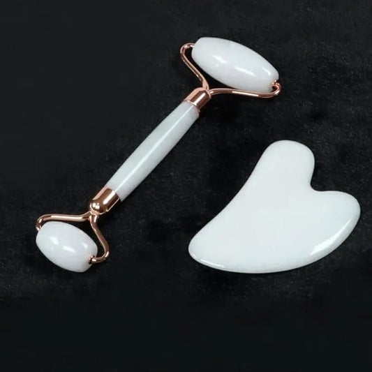 White Jade Roller and Gua Sha Set for Face and Body Massage, Facial Roller Massager for Face, Neck, Eyes, and Legs, Gua Sha Scraping Tool for Face and Body