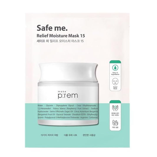 MAKE P:REM Safe Me. Relief Moisture Mask 15, Hydrating Sheet Mask with Natural Ingredients, Enriched with Hyaluronic Acid for Comfort and Glow, Korean Skin Care, 0.84 fl.oz. (25ml) x 10EA