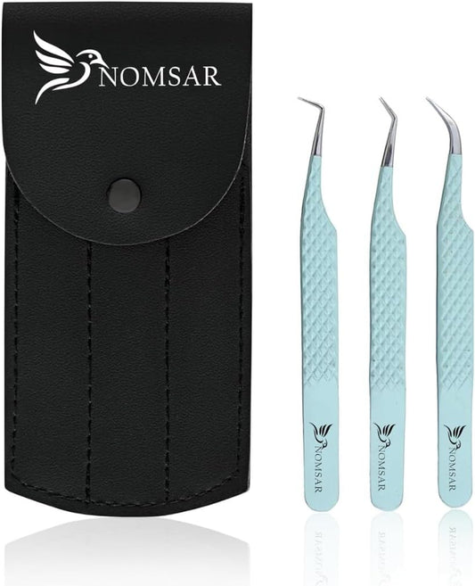 Eyelash Extensions Tweezers, Set of 3 - Stainless Steel with Diamond Grip for Volume lash Extension - Fiber Tip Tweezers for Multipurpose & Application (Light Green)
