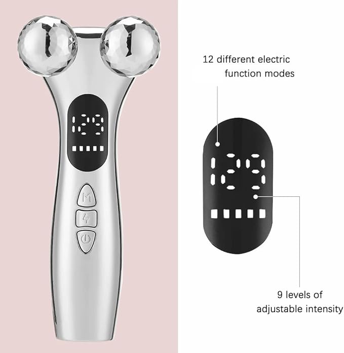 4D Facial Beauty Roller Massager – Double-Ball Neck Lift Device with 12 Massage Modes, 5 Vibration Levels & 9 Intensity Settings for Face & Body Sculpting (Silver)