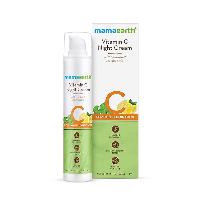 Mamaearth Vitamin C Night Cream for Skin Illumination | Helps Reduce Spots & Replenishes Lost Radiance | Enhances Collagen with Gotu Kola | 1.76 Oz (50g)