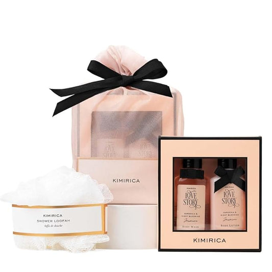 Nothing But Love Gift Set | Romantic Bath & Body Care Kit with Gardenia & Jasmine Fragrance | Includes Body Wash, Lotion & Loofah | Ideal Valentine’s Gift for Women & Men