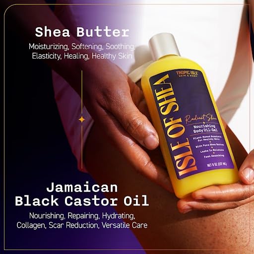 ISLE OF SHEA Radiant Skin Nourishing Body Oil-Gel Shea Butter and Jamaican Black Castor Oil, Ideal for Dry Skin, Cruelty Free, 8oz