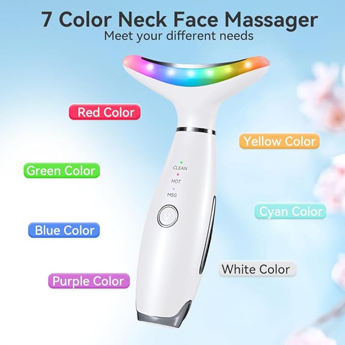 Neck Face Massager, 7 Color Facial Massager for Skin Care at Home, Face Sculpting Tool with Thermal and Vibrating, White