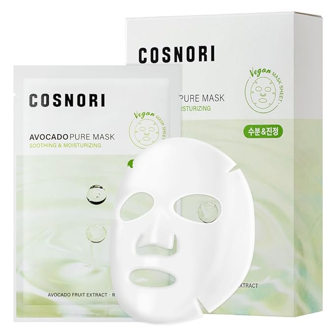COSNORI AVOCADO PURE SHEET MASK (10pc) - Clean, Hydrating and Soothing for Dry skin, Korean Face Mask- Avocado Extract, 0.81oz x 10pc