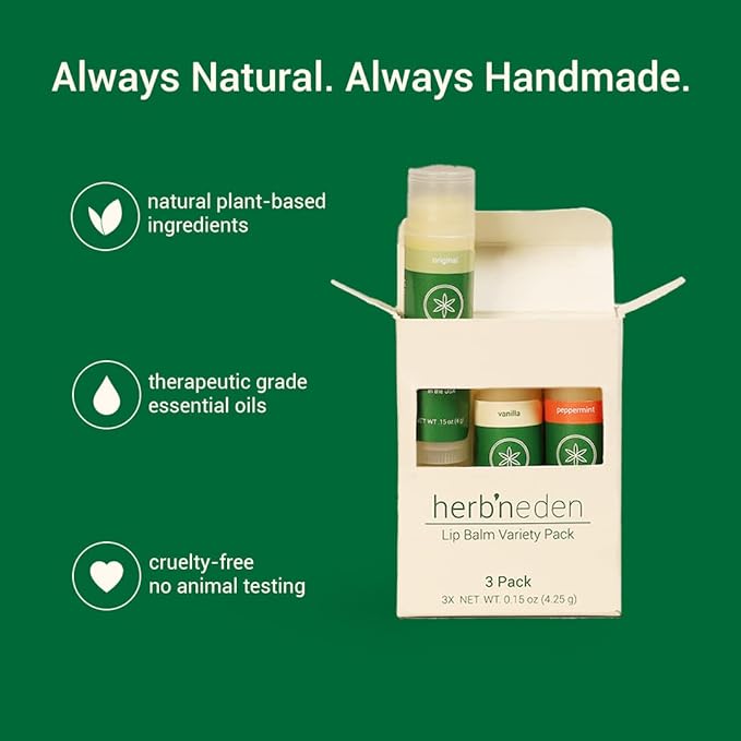 Herb’N Eden Lip Balm Variety Pack of 3 | Moisturizing and Soothing for Dry, Chapped Lips | Vanilla, Peppermint, Unscented | 100% Natural Ingredients | Essential Oils