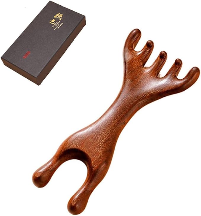 Golden Sandalwood Massager Tool Eye Massage Device Scalp Gua Sha Wooden Comb Forehead Massage Tools with Gift Box (5+2-Claws)