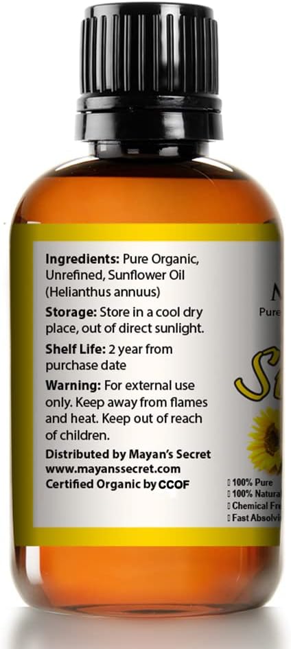 Mayan's Secret Sunflower Seed Oil MOISTURIZER | All Natural Cold Pressed USDA Certified Organic | Best for Acne Prone Oily Skin and Face 4oz