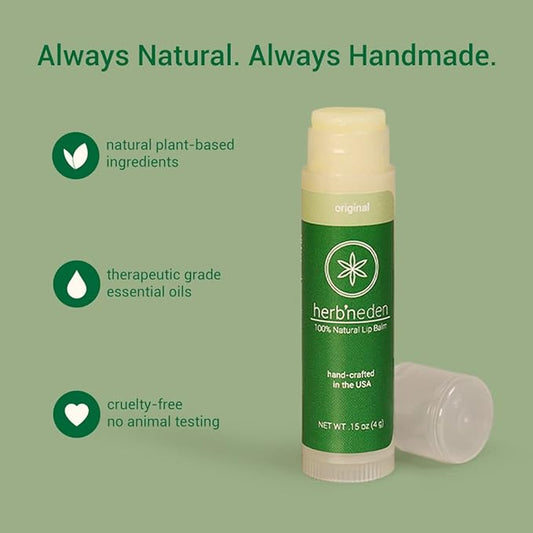 Herb’N Eden Original Lip Balm Pack of 3 | Moisturizing and Soothing for Dry, Chapped Lips | 100% Natural Ingredients | Essential Oils