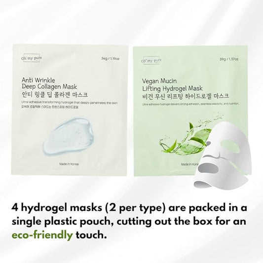 OHMYPURE Hydrogel Collagen Face Mask 2+2EA K-Beauty Luxury Bundle (AntiWrinkle 2ea, Vegan Mucin 2ea) (Sampler 4)