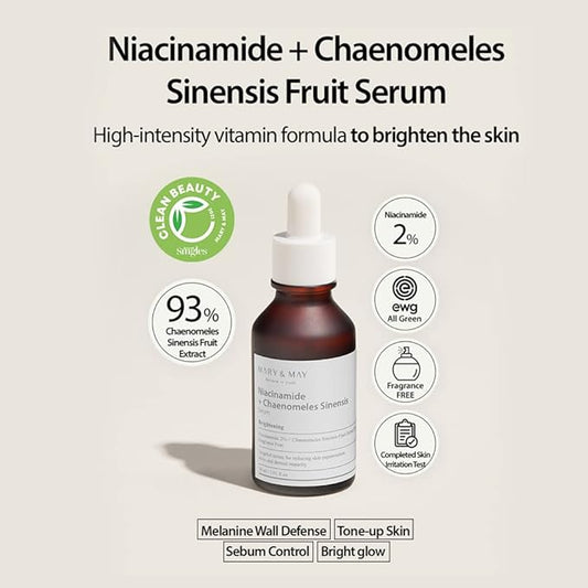 Mary&May Niacinamide + Chaenomeles Sinensis Face Serum + Premium Idebenone Blackberry Complex Essence Mask Bundle