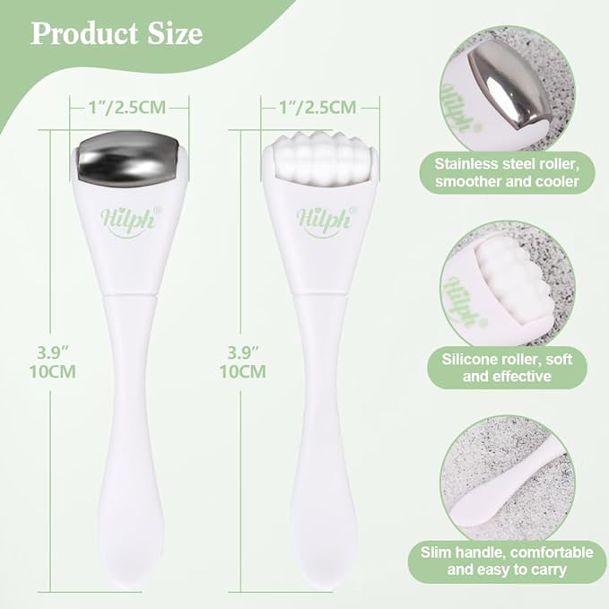 Hilph Mini Ice Roller for Face & Eyes, Face Eye Massager Roller Set with Stainless Steel and Silicone Head for Puffiness Relief, Massage Apparatus Metal Facial Ice Roller for Puffy Eyes (White)