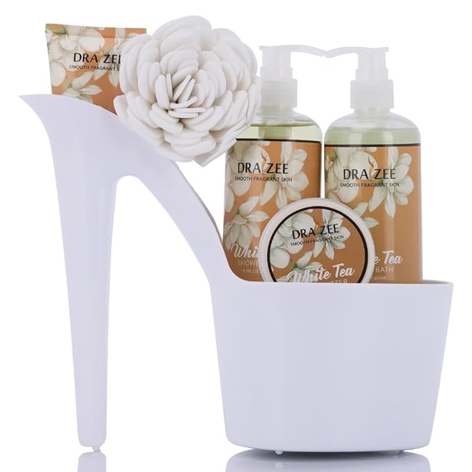 Draizee Mothers Day Gifts for Mom-Spa Gift Baskets for Women-6 Pcs Luxury White Tea Scented Heel Shoe Design Bath and Body Spa Set, Self Care Package for Women, Presents for Mom, Body Care Set for Her