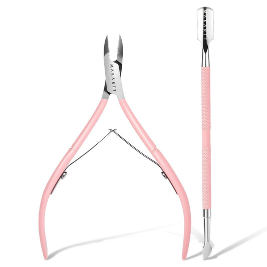 Makartt Cuticle Trimmer with Cuticle Pusher - Stainless Steel Cuticles Nipper with Dual Spring, Ergonomic Handle, 7mm Blade & Dual-Ended Pusher for Nail Care & Gel Removal, Pink