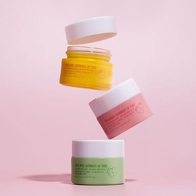 W7 Sweet Dreams Overnight Lip Mask Trio - Strawberry, Apple & Grapefruit Flavor Gift Set - Vitamin E, Aloe Vera and Grape Seed Oil - For Hydrated, Full Looking & Irresistible Lips