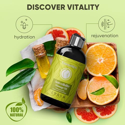 Anti Cellulite Massage Oil (8 oz) - 100% Natural Anti Cellulite Oil for Thighs and Butt Firming - Skin Tightening Oil for Loose Skin with Grapefruit, Lemon & Sweet Orange Essential Oils