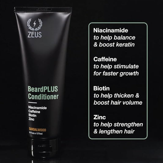 ZEUS BeardPLUS Conditioner for Men, Premium Beard Wash for Enhanced Growth, Thicker & Stronger Facial Hair with Biotin & Caffeine (Made in USA) 6 oz.