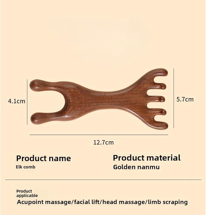 Golden Sandalwood Massager Tool Eye Massage Device Scalp Gua Sha Wooden Comb Forehead Massage Tools with Gift Box (5+2-Claws)