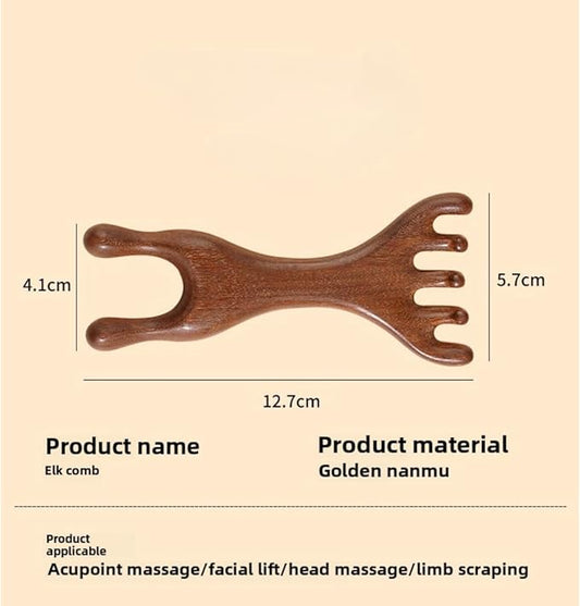 Golden Sandalwood Massager Tool Eye Massage Device Scalp Gua Sha Wooden Comb Forehead Massage Tools with Gift Box (5+2-Claws)