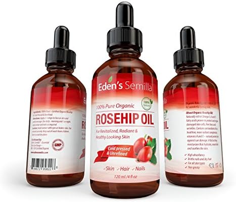 100% Pure Rosehip Oil - 4 OZ - Certified ORGANIC - Cold pressed & unrefined - NON Greasy HIGH absorbency - Use daily - nourishes, hydrates and visibly reduces fine lines, scars, stretch marks and skin