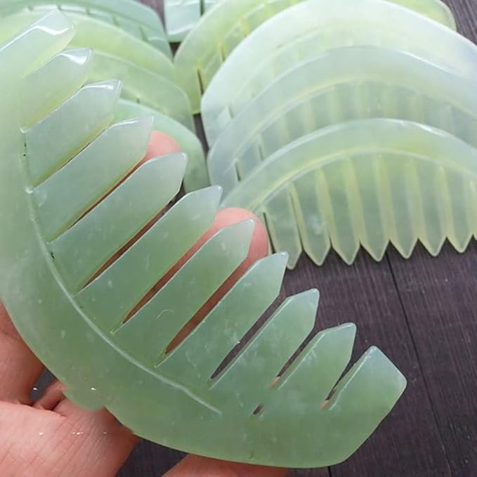 4Pcs Green Nature Jade Stone Massage Comb Traditional Natural Jade Massager Acupuncture Head Therapy Trigger Point Treatment On Head Gua Sha Board Scalp Massagers Manual Scalp Massagers Massage Tools