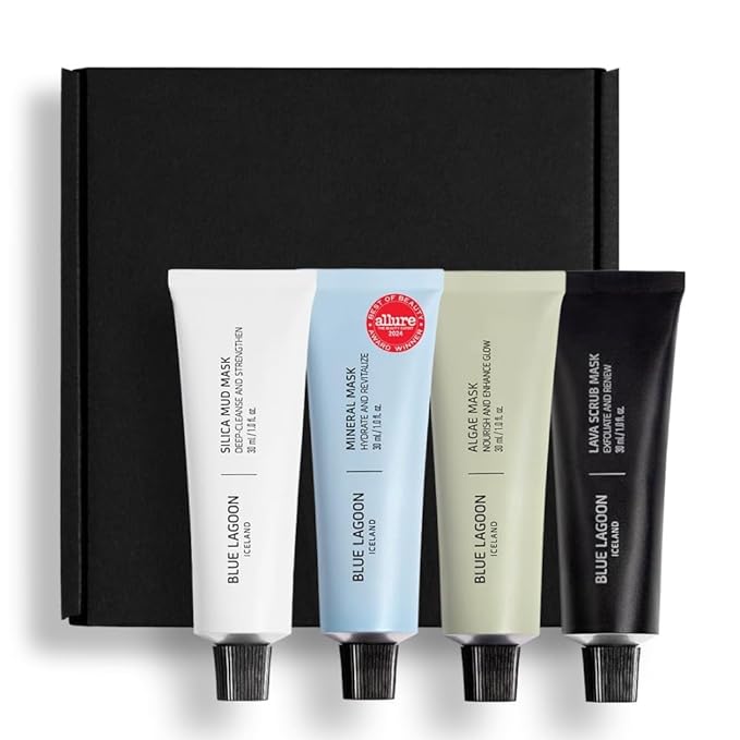 Blue Lagoon Signature Masks Travel Set, Includes Facial Mask Targeting Hydration, Calmness, Exfoliation & Nourishment, Leaving Skin Glowing and Radiant, 4 pack Skincare Gift Set