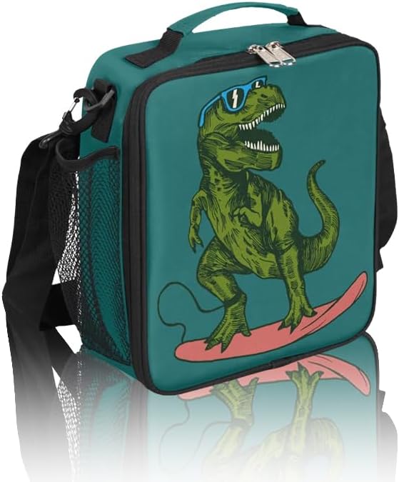 Animal Lunch Box for Kids, Surfing Dinosaur Sunglass Lunch Bag for Boys Girls, Reusable Insulated Waterproof Lunch Box with Adjustable Shoulder Strap Thermal Cooler Tote Bag for School Daycare Picnic