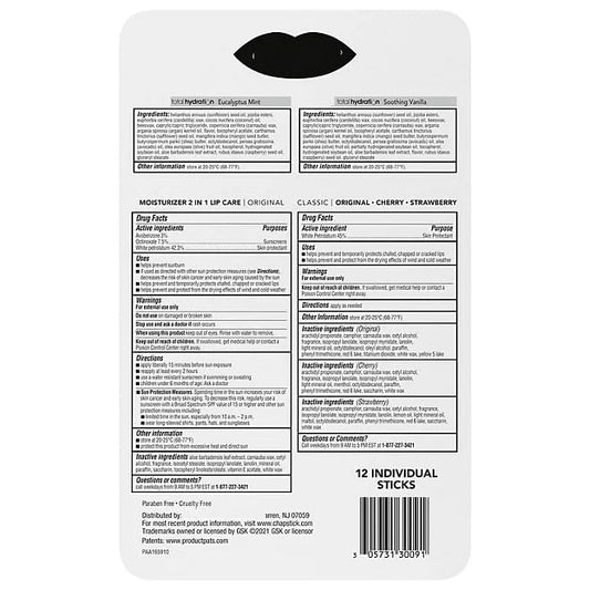 Moisturizer & Total Hydration Original, Cherry, Strawberry, Lip Balm Variety Pack - 12 ct