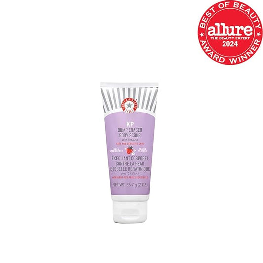 First Aid Beauty - KP Bump Eraser Body Scrub with 10% AHA, Keratosis Pilaris Exfoliator with Glycolic and Lactic acids, Helps Reduce Chicken Skin Bumps, Safe for Sensitive Skin, Strawberry Scent, 2 oz