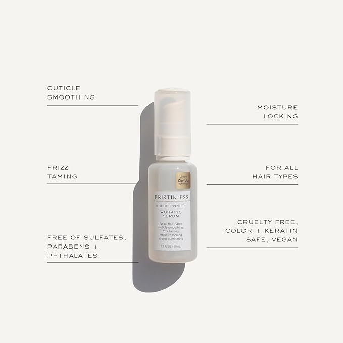 Kristin Ess Hair Weightless Shine Working Hair Serum for Dry Damaged Hair - Frizz Taming, Anti Breakage, Moisture Locking + Shine Enhancing - Color + Keratin Safe, 1.7 fl. oz.