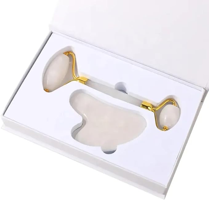 Gua Sha and Jade Roller Set for Facial Massage – Skin Care Tools to Reduce Puffiness and Redness, Perfect Self-Care Gift for Men and Women (White)