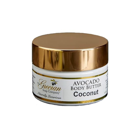 Grecian Avocado Body Butter in Coconut - Natural and Organic Body Cream for Dry Skin, Organic Body Butter for Women with Avocado Oil and Glycerin, 4 oz.
