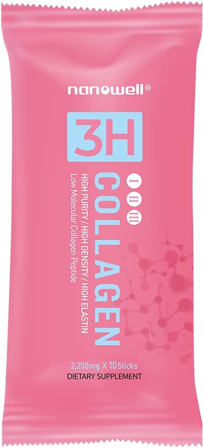 3H Collagen Peptide 60 Sticks X 3 Boxes for 3 Months - I, II, & III with Vitamin A,C, E Hydrolyzed Elastin Peptide and Hyaluronic Acid - Hair, Nail, Skin, and Joint Support (180 Count)