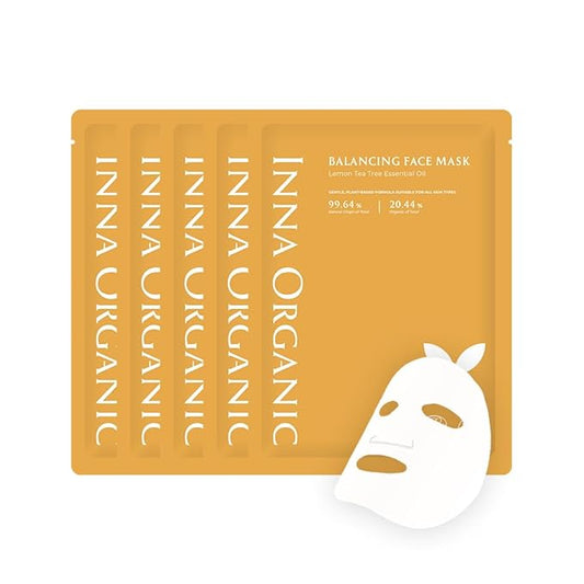 INNA Organic Sheet Mask - Balancing & Oil Control, EWG & COSMOS Certified (Pack of 5) | Lemon Tea Tree Essential Oils Infused Skin Care | Luxury Clean Beauty