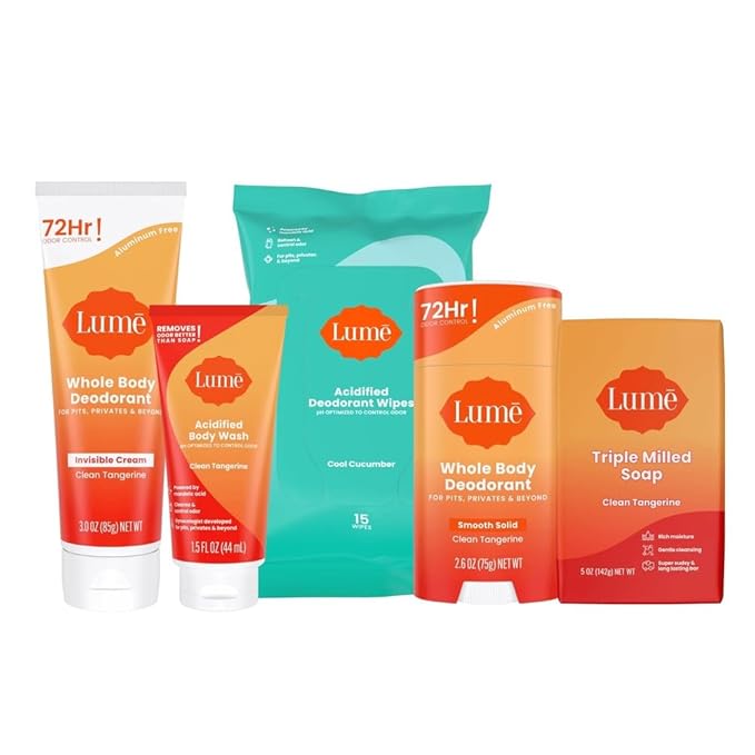 Lume Skin Care Gift Set for Women, Whole Body Deodorant Starter Pack -Smooth Solid Stick, Invisible Cream Tube, Acidified Body Wash Mini & Deodorant Wipes -Aluminum Free Odor Control (Clean Tangerine)