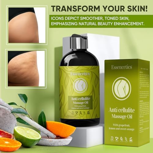 Anti Cellulite Massage Oil (8 oz) - 100% Natural Anti Cellulite Oil for Thighs and Butt Firming - Skin Tightening Oil for Loose Skin with Grapefruit, Lemon & Sweet Orange Essential Oils