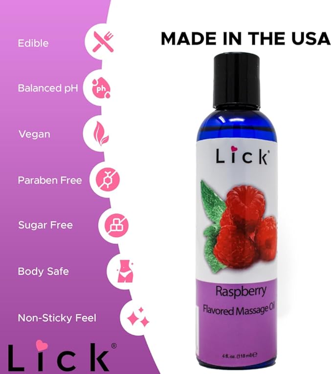 Lick Raspberry Flavored Muscle Massage Oil for Massage Therapy - Natural Oil with Almond and Coconut Essential Oils - Multipurpose Aromatic Absorption Full Body Massage Oil - 4 fl. oz.