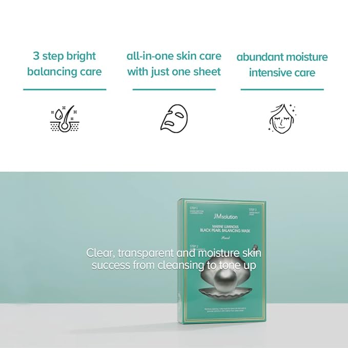 JM Solution Marine Luminous Pearl Deep Moisture 3 Step Skin Care Face Mask - Korean Skincare Facial Mask - boosting Brightening Moisturizing-10 Sheets for Dry Skin (Black Pearl)
