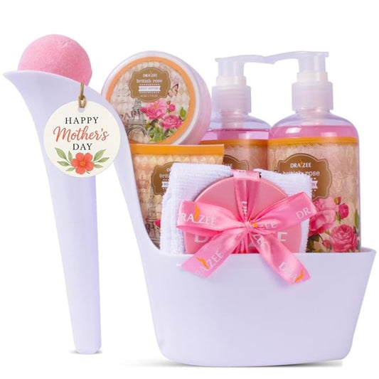 Draizee Mothers Day Gifts for Mom - Spa Gift Baskets for Women -8 Pcs Luxury British Rose Scented Heel Shoe Design Bath and Body Spa Set - Self Care Package for Women, Presents for Mom, Body Care Set