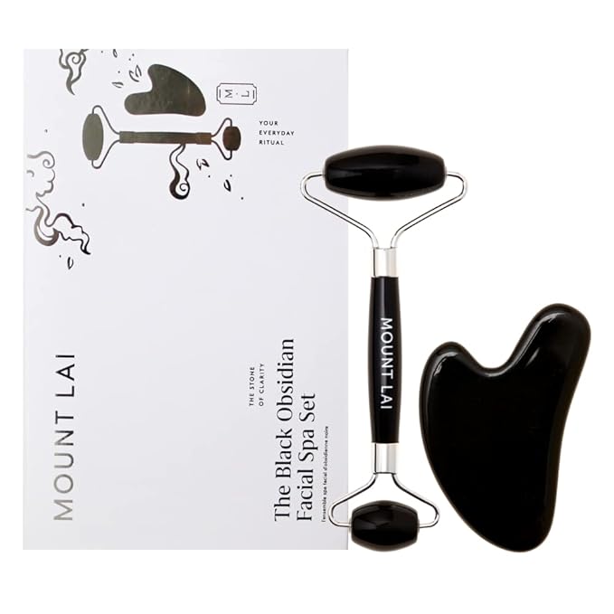 Mount Lai Black Obsidian Facial Spa Set, Black Obsidian Gua Sha Facial Tools Set and Roller, Guasha Tool for Face to Relieve Muscle Tension and Reduce Puffiness, Anti Aging Skin Care Sets for Women