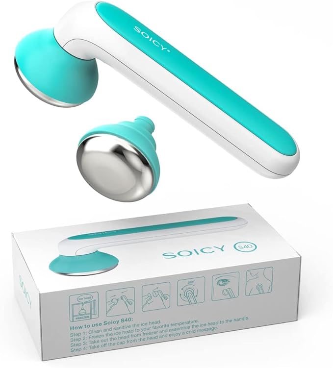 SOICY S40 Metal Ice Roller for Face Under Eye Ice Face Roller Massager for Migraine Pain Skin Care Tools for Whole Body Minor Injury Cold Compresswith 2 Stainless Steel Replacement Heads Blue