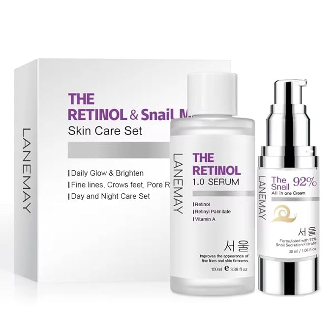 The LANEMY Retinol Serum & Snail Mucin Cream Skin Care Set, Daily Glow & Brighten, Fine Lines & Crow's Feet Treatment, Day and Night Care