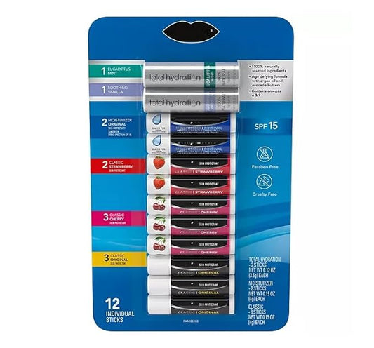 Variety Pack Original, Cherry, Strawberry, Moisturizer & Total Hydration Lip Balm - 12 count.