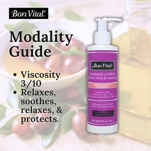 Bon Vital' Deep Tissue Massage Lotion for Deep Tissue Massages and Muscle Relaxation, Moisturizer Leaves No Greasy Feeling, Penetrates Deeply to Repair and Soften Skin, 8 Oz, Label May Vary