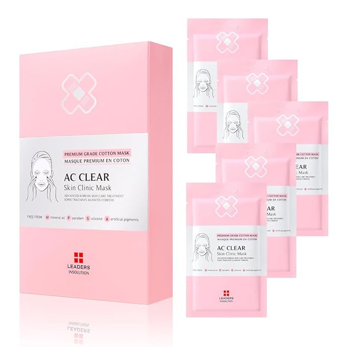 Leaders Insolution AC Clear Skin Clinic Mask | Snail Secretion & Tea Tree Oil for Acne, Redness, Oil Control | 100% Cotton Bemliese Sheet | Balances & Soothes Sensitive Skin (5 Sheets)