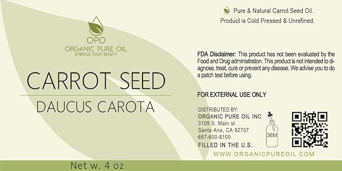 organic pure oil OPO Carrot Seed Oil - 4 oz Glass & Dropper - Pure Unrefined Cold Pressed Non GMO Vegan Carrier Oil for Hair Skin Face Body Nails Cuticles Daily Use Moisturizer